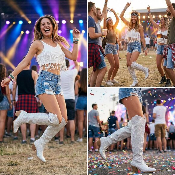 Women's Silver Rhinestone Cowboy Boots Sparkly Over the Knee High Pointed Toe - Picture 2 of 6